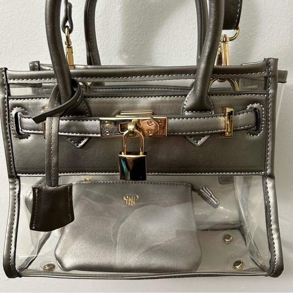 PurseN Chic Transparent Stadium Bag. Pewter with Gold Accents. - Picture 3 of 15